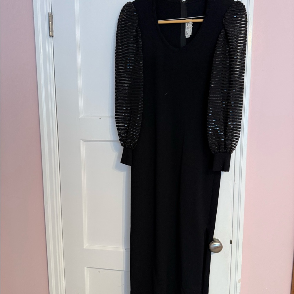 St. John Black Dress with Shimmering Sleeves